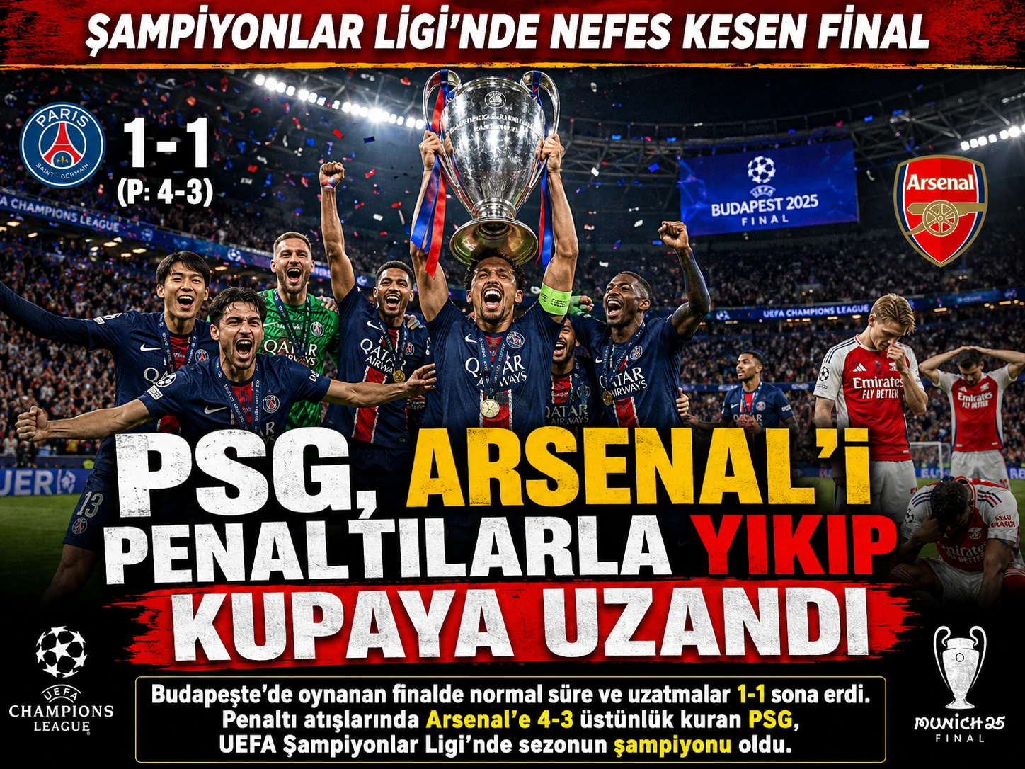 PSG, Budapeşte’de Arsenal’i yıkıp kupayı aldı