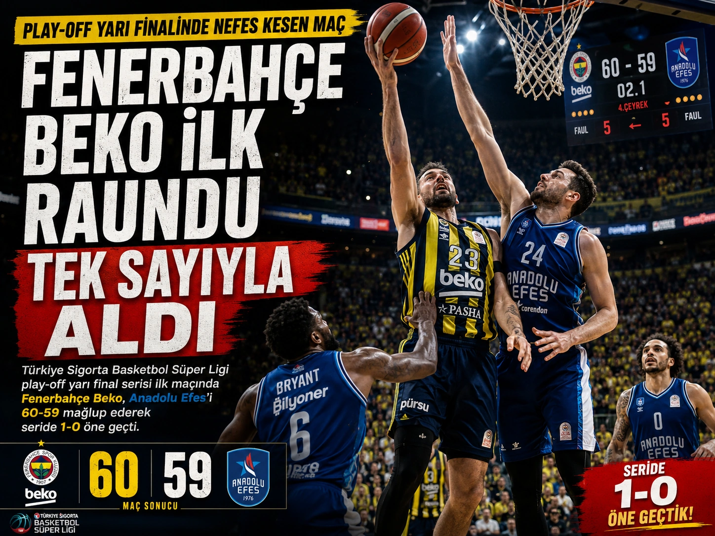 Fenerbahçe Beko, Anadolu Efes’i 60-59 mağlup etti