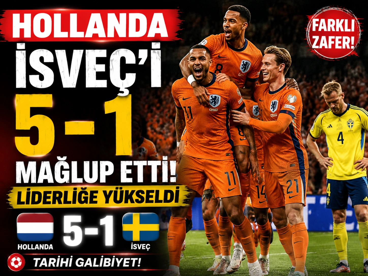Hollanda İsveç’i 5-1 mağlup ederek liderliğe yükseldi