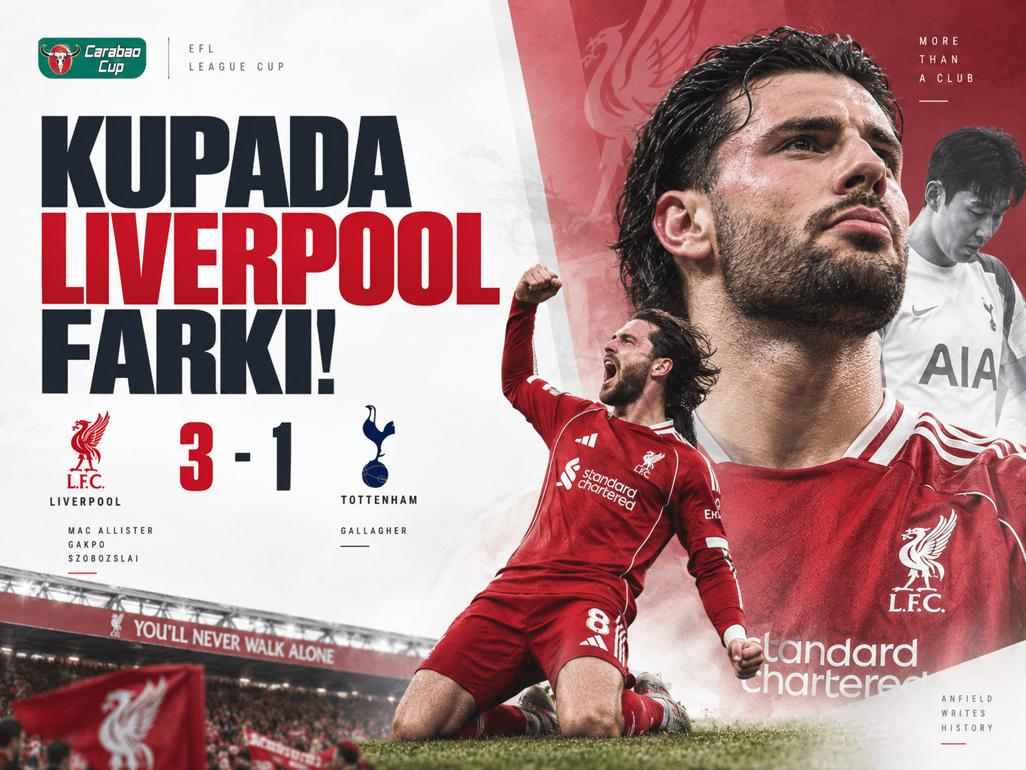 Kırmızılar kupada acımadı! Tottenham’a 3 gol, bilet Liverpool’un