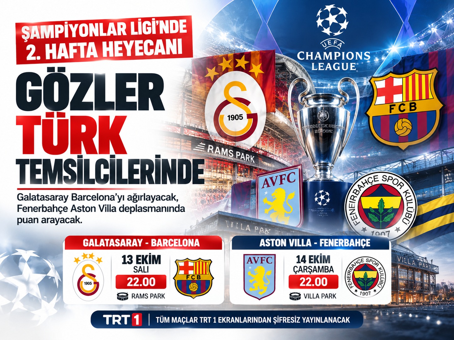 Devler Ligi’nde Türk gecesi: Galatasaray evinde, Fenerbahçe İngiltere’de