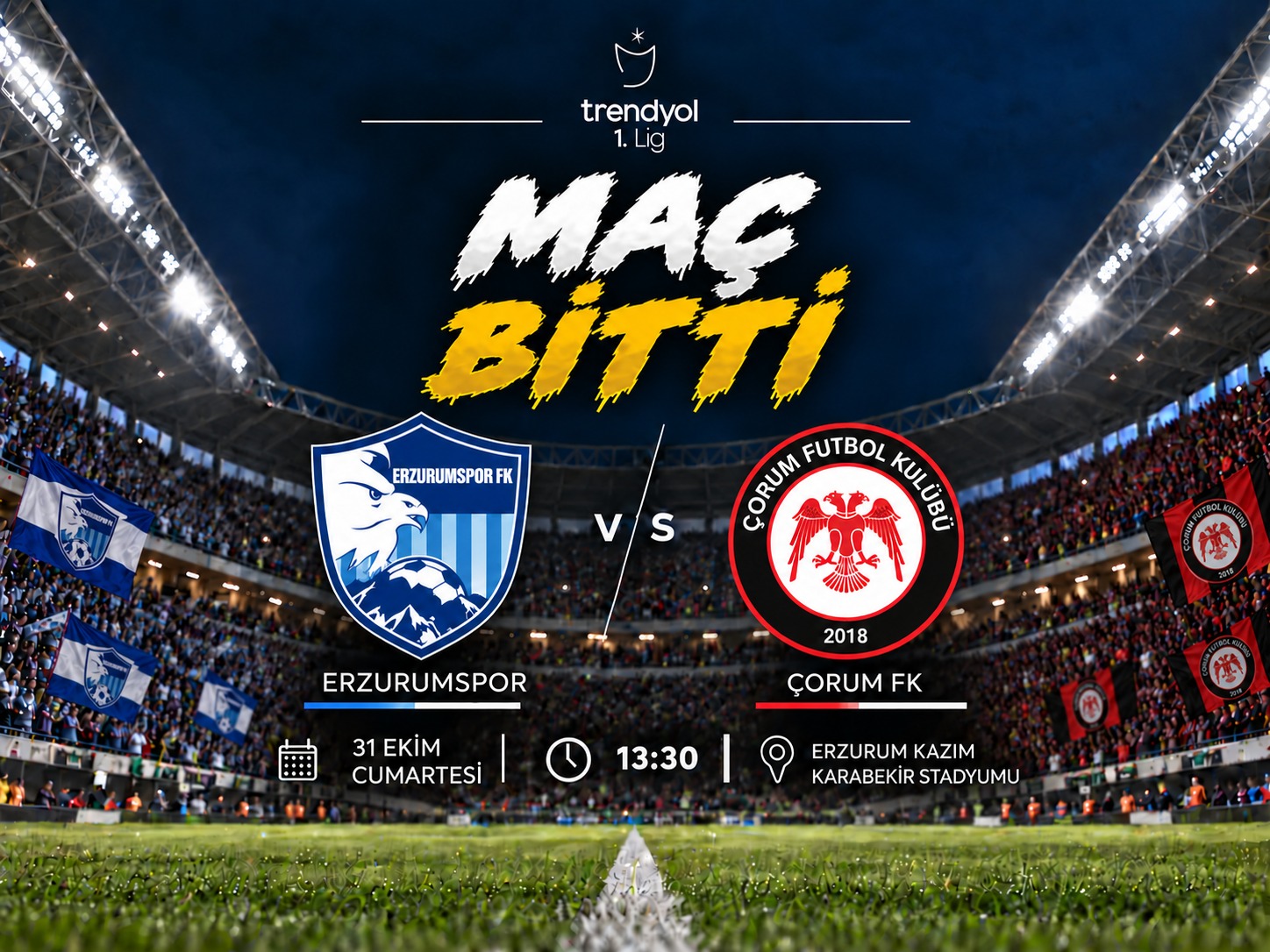 Erzurumspor-Arca Çorum FK maçında kazanan belli oldu